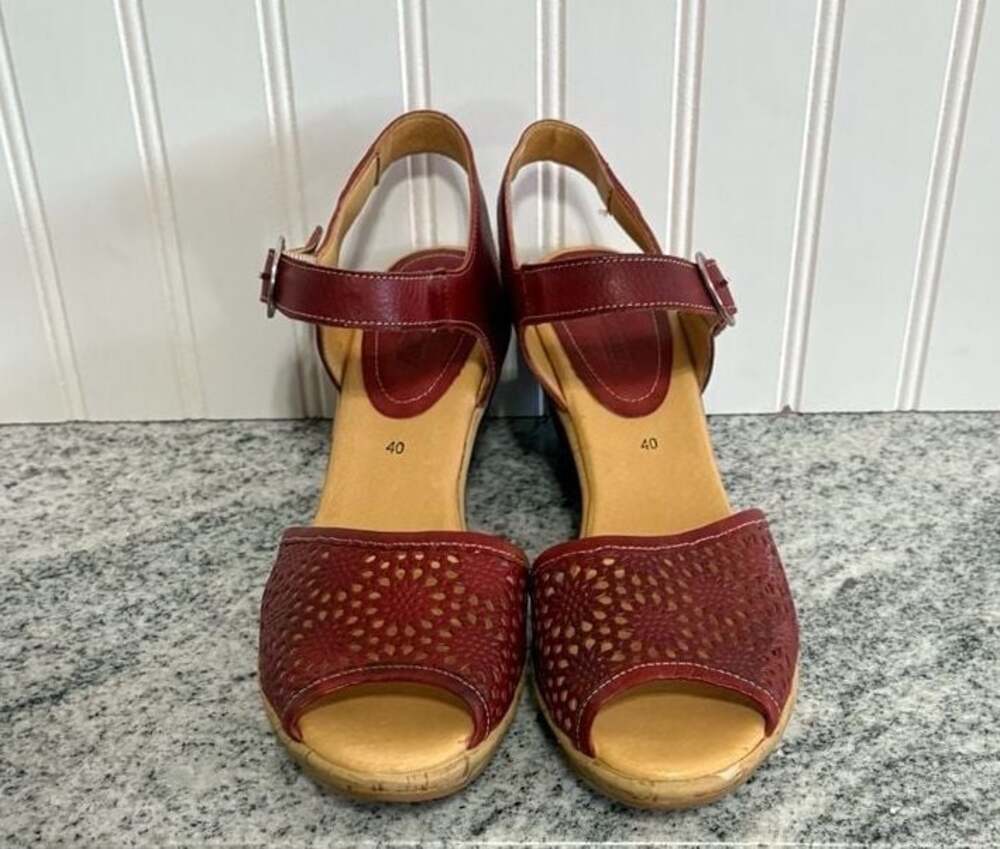 Pikolinos Red Leather Laser Cut Perforated Wedge Sandals Size 40